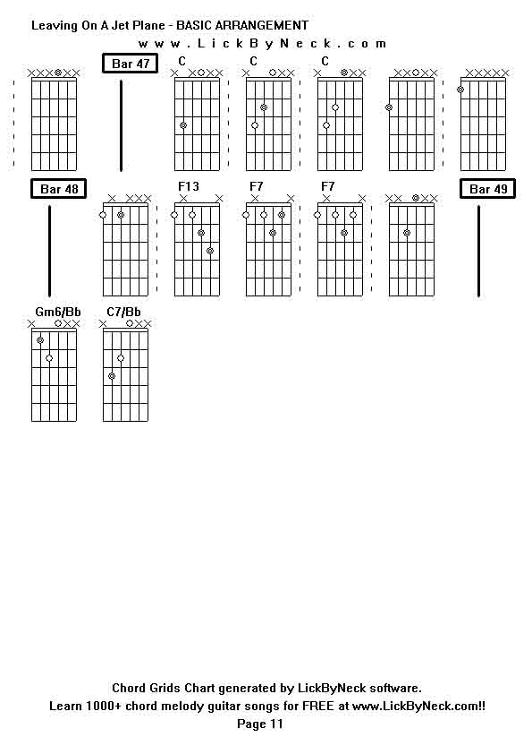 Chord Grids Chart of chord melody fingerstyle guitar song-Leaving On A Jet Plane - BASIC ARRANGEMENT,generated by LickByNeck software.